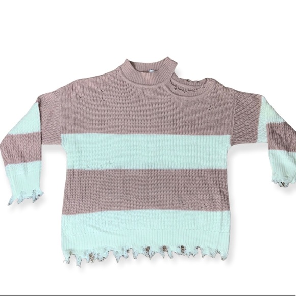 Full Circle Trends Trendy Plus Size Asymmetrical Mock-Neck Distressed Sweater - Mauve